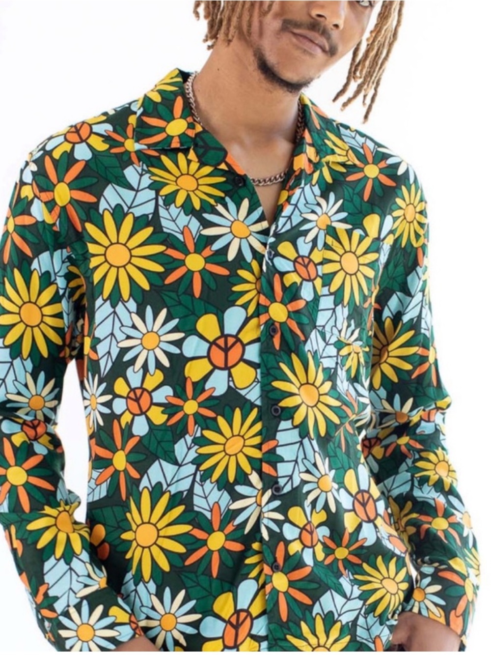 Men's Floral & Peace Signs Long-Sleeve Shirt  - Large